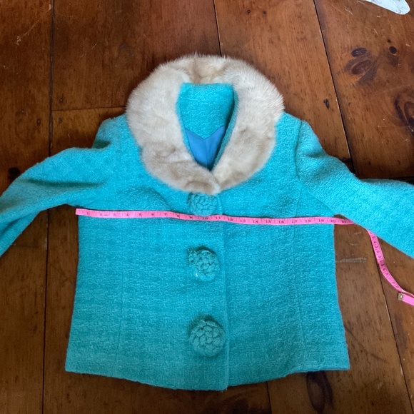 Vintage loomed lambswool suit jacket with mink collar in turquoise - Picture 11 of 14